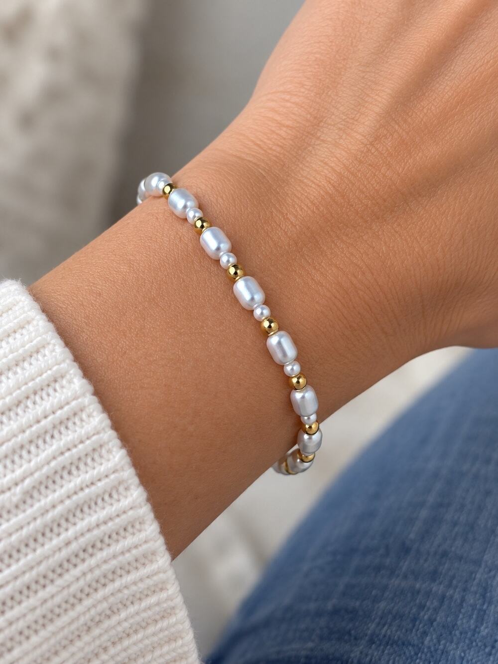 & Other Stories Freshwater White Rice Pearl Bracelet & Gold Fill Beads Jewelry